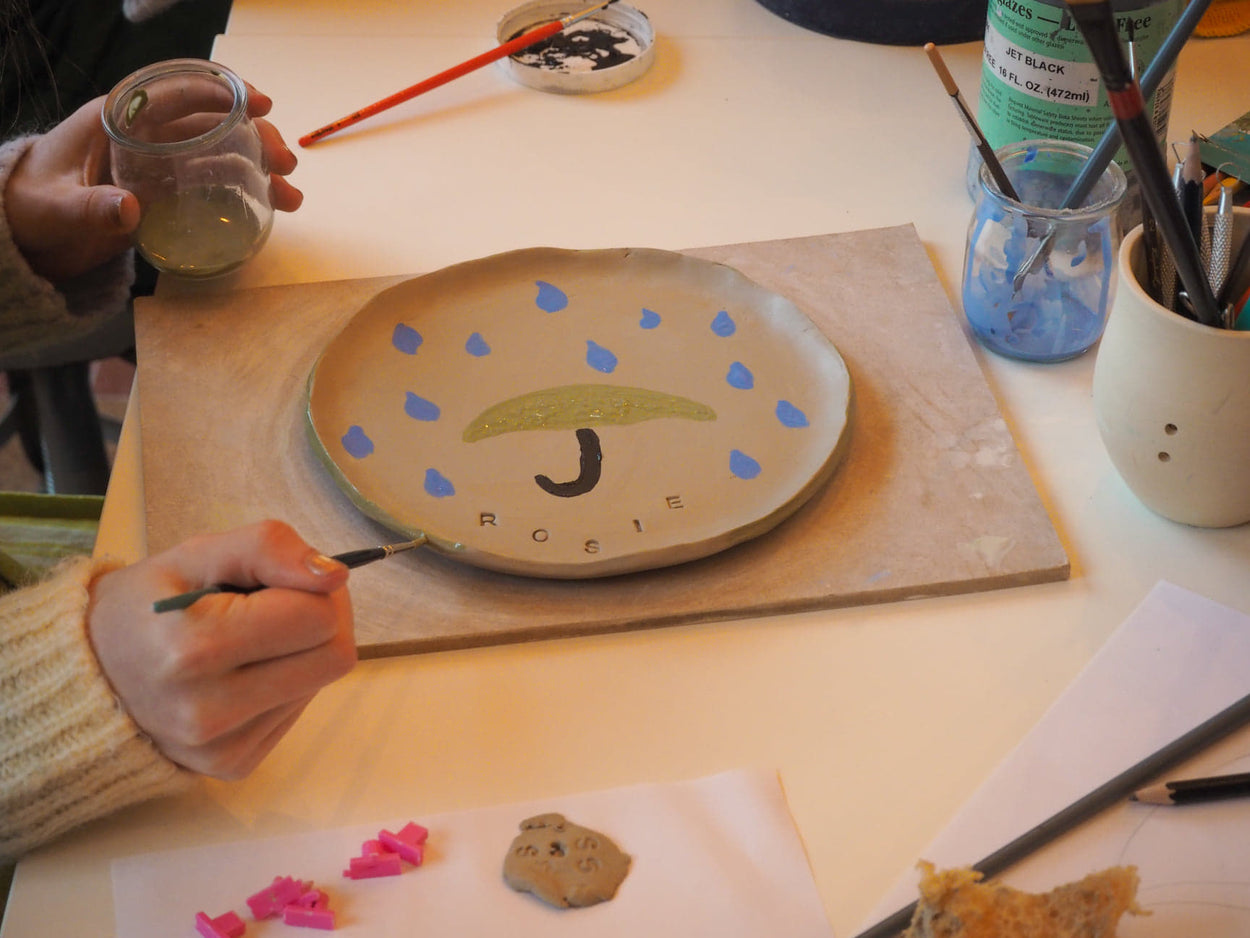 L'image montre une assiette en cours de réalisation chez Florine est Micheline à Lille.
Un parapluie jaune est dessiné dessus.